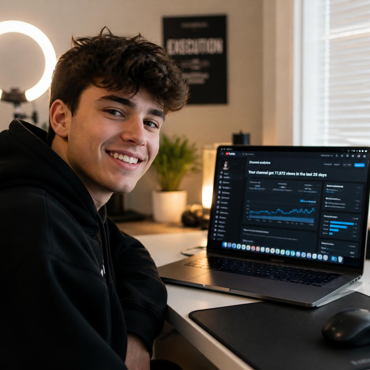 Young creator smiling at his laptop showing YouTube analytics after launching his channel in a week