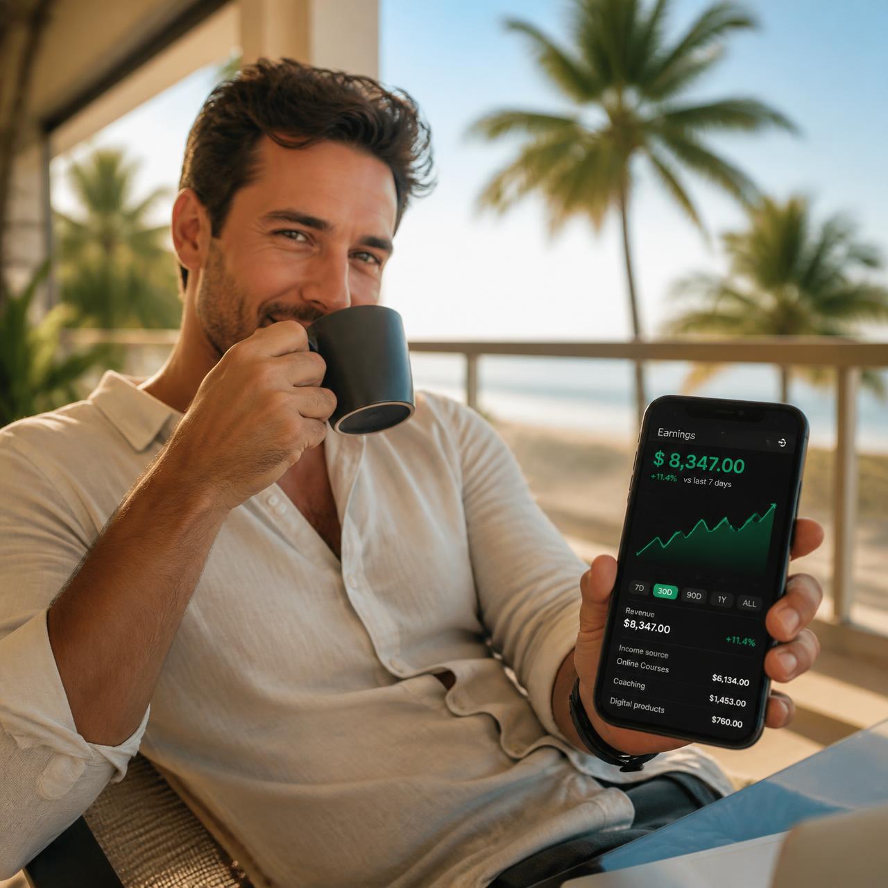 Relaxed mentor on a sunny balcony holding a phone showing daily earnings dashboard
